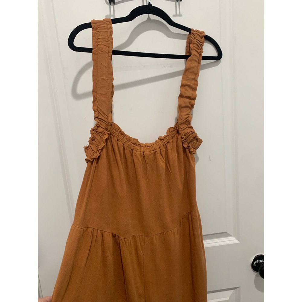 Ces Femme Rust Orange Linen Blend Ruffle Strap Wide Leg Jumpsuit Large - Picture 3 of 6